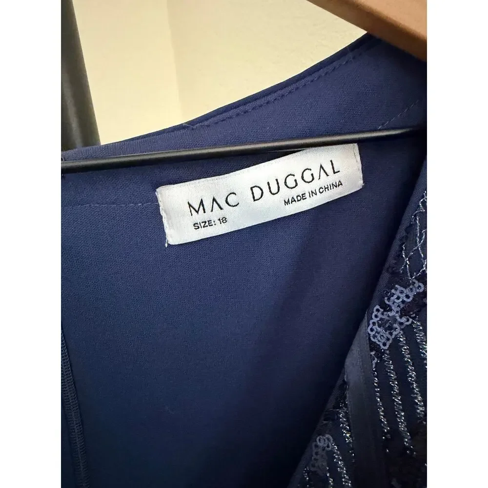 Mac Duggal Navy Embellished Long Sleeve Wrap Over Trumpet Gown Sz 18 - Picture 6 of 7